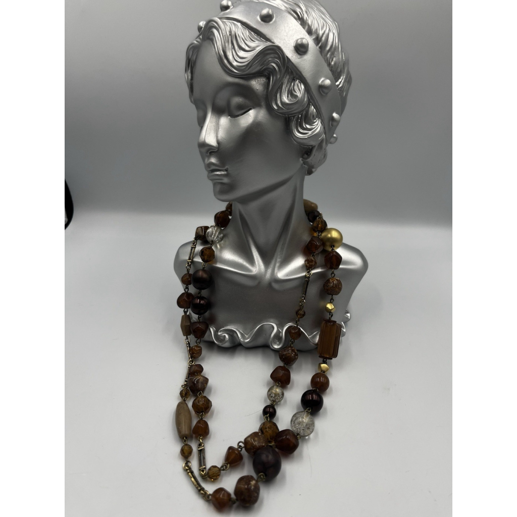 Vintage Signed Express Made In Italy Goldtone Brown Beads 54 Necklace 39$